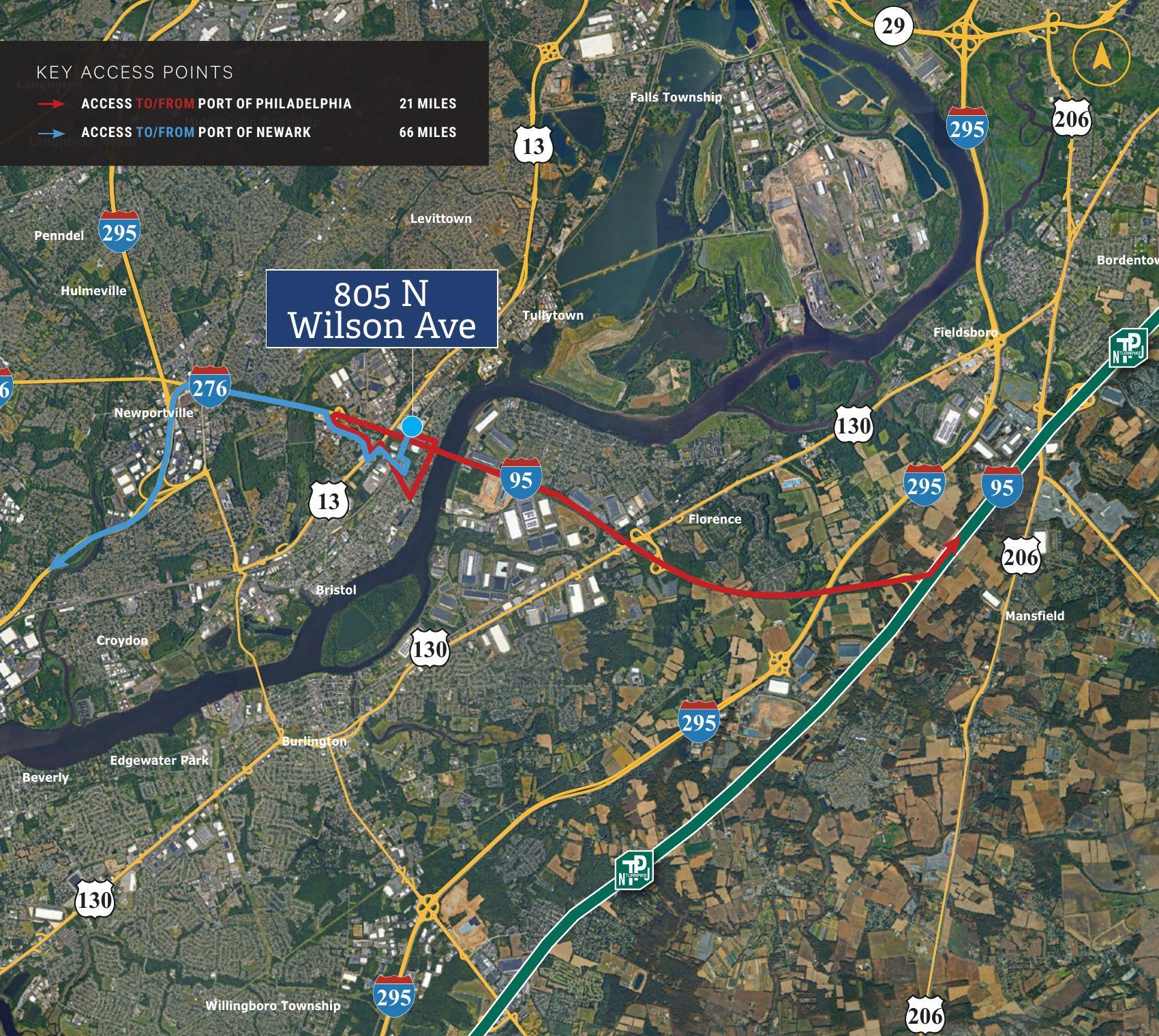 Regional map showing access to 805 N Wilson Ave from I-95, I-295, Route 13, and Route 130